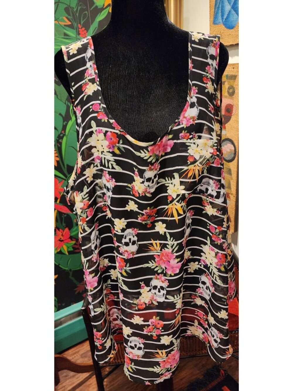 Torrid Womens Sheer Skull & Floral Print Tank Top Size 3 Black Multicolor